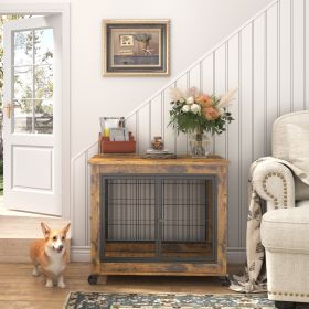 Furniture Style Dog Crate Side Table on Wheels with Double Doors and Lift Top. (Color: Rustic Brown)